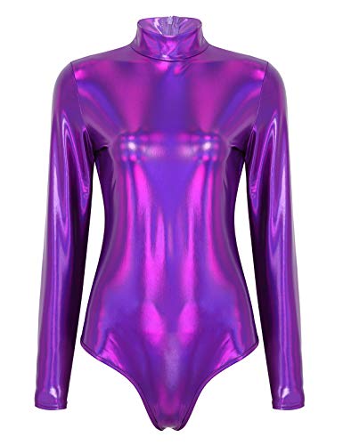 inlzdz Mujer Maillot Metálico Brillante Body Cuello Alto Manga Larga con Cremallera Mono Atractivo Leotardo Gimnasia Morado X-Large