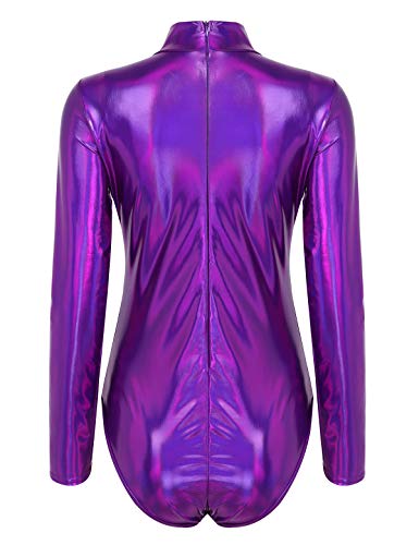 inlzdz Mujer Maillot Metálico Brillante Body Cuello Alto Manga Larga con Cremallera Mono Atractivo Leotardo Gimnasia Morado X-Large