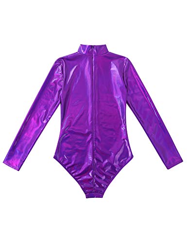 inlzdz Mujer Maillot Metálico Brillante Body Cuello Alto Manga Larga con Cremallera Mono Atractivo Leotardo Gimnasia Morado X-Large