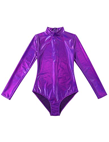 inlzdz Mujer Maillot Metálico Brillante Body Cuello Alto Manga Larga con Cremallera Mono Atractivo Leotardo Gimnasia Morado X-Large