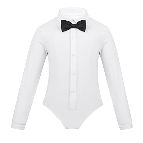 inlzdz Profesional Mailot de Danza Latino para Niños Body Camisa de Algodón Manga Larga Cuello con Corbada Traje Formal para Latin Moderno Baile Fiesta Ceremonia Dancewear Chicos Blanco 12