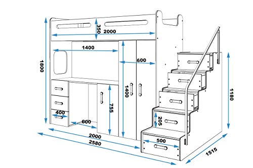 Interbeds MAX 4 - Cama Alta (200 x 80 cm, con Armario y Escritorio, Incluye colchón) gris