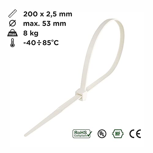 intervisio Bridas de Plastico para Cables 200mm x 2,5mm, Blanco, 100 Piezas