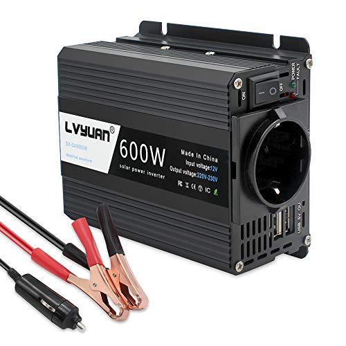 Inversor De Corriente 600W para Coche, Cantonape Transformador De 12v a 220v, Inversor con 1 EU Toma Y Dual Puertos USB 5V/2.4A para iPhone, iPad Y Tableta