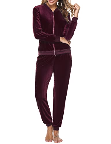 Irevial Pijamas 2 Piezas de Terciopelo Conjunto Chandal Casual Conjunto Deportivos Chaquetas con Cremallera y Pantalones de Terciopelo para Otoño Invierno Jogging Correr Rojo Vino, XL