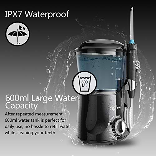 Irrigador Dental Profesional con 8 Boquillas Multifuncionales, Apiker Irrigador Bucal con Capacidad de 600ml, 10 Ajustes de Presión del agua, Limpieza Dientes,Aprobado por la FDA