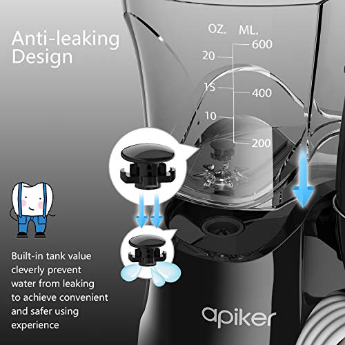 Irrigador Dental Profesional con 8 Boquillas Multifuncionales, Apiker Irrigador Bucal con Capacidad de 600ml, 10 Ajustes de Presión del agua, Limpieza Dientes,Aprobado por la FDA