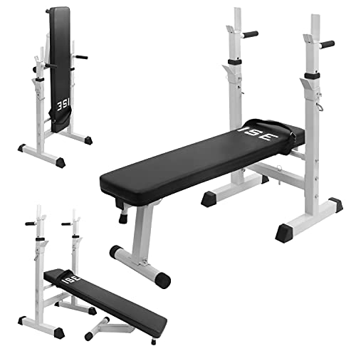 ISE Banco de Pesas Plegable con Soporte de Barbells, Banca de Musculación Multifuncional con Estante de Mancuernas Ajustable para Entrenamiento, Maquina de Gimnasio Gym Blanco para Casa Hogar, SY-544