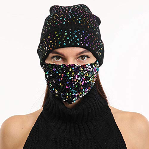 IYOU Costoso De punto Gorro Sombrero con Pareo Brillante Lentejuela Mascaras Negro Lentejuela Lanoso Sombrero Rock Hip hop Invierno Suave Calentar Lana Gorra para Mujer y Chicas