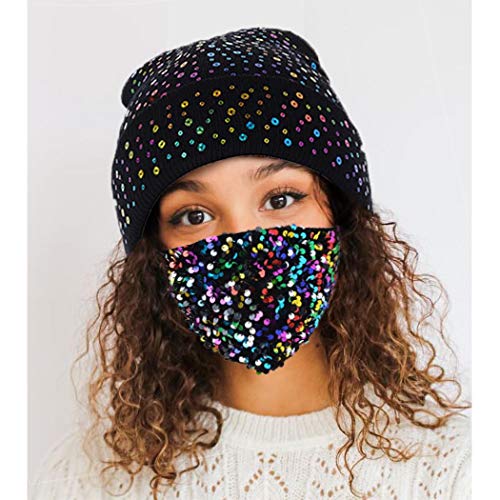 IYOU Costoso De punto Gorro Sombrero con Pareo Brillante Lentejuela Mascaras Negro Lentejuela Lanoso Sombrero Rock Hip hop Invierno Suave Calentar Lana Gorra para Mujer y Chicas