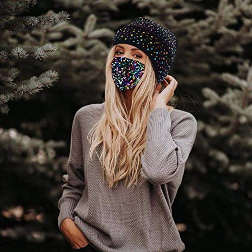 IYOU Costoso De punto Gorro Sombrero con Pareo Brillante Lentejuela Mascaras Negro Lentejuela Lanoso Sombrero Rock Hip hop Invierno Suave Calentar Lana Gorra para Mujer y Chicas