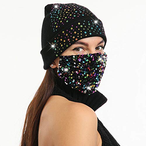 IYOU Costoso De punto Gorro Sombrero con Pareo Brillante Lentejuela Mascaras Negro Lentejuela Lanoso Sombrero Rock Hip hop Invierno Suave Calentar Lana Gorra para Mujer y Chicas