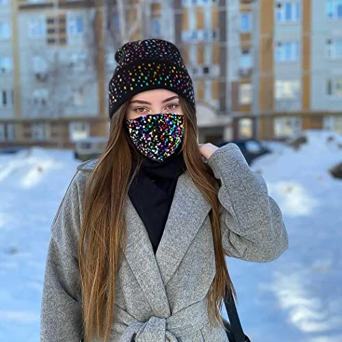 IYOU Costoso De punto Gorro Sombrero con Pareo Brillante Lentejuela Mascaras Negro Lentejuela Lanoso Sombrero Rock Hip hop Invierno Suave Calentar Lana Gorra para Mujer y Chicas