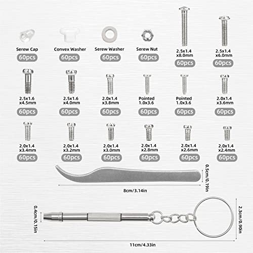 Jalan 1000 Piezas Kits de Tornillo Pequeño, Micro tornillo tuercas y pinza y destornillador para Gafas Relojes Gafas de sol