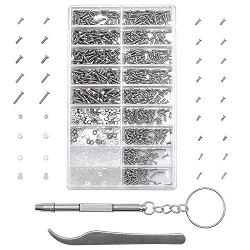 Jalan 1000 Piezas Kits de Tornillo Pequeño, Micro tornillo tuercas y pinza y destornillador para Gafas Relojes Gafas de sol