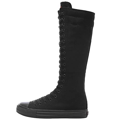 Jamron Chicas Mujer Moda Rodilla Alta con Cordones Botas de Lona Puro Negro Cremallera Botas de Danza SN811 EU38