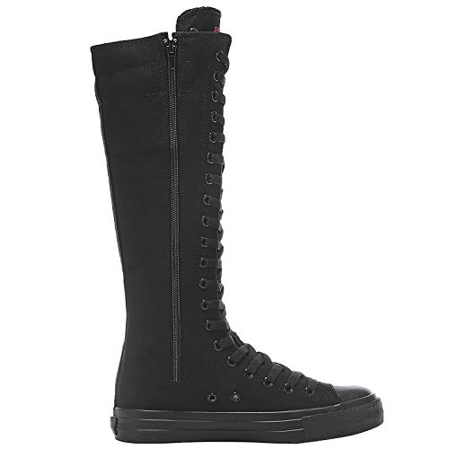 Jamron Chicas Mujer Moda Rodilla Alta con Cordones Botas de Lona Puro Negro Cremallera Botas de Danza SN811 EU38