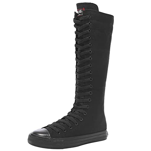 Jamron Chicas Mujer Moda Rodilla Alta con Cordones Botas de Lona Puro Negro Cremallera Botas de Danza SN811 EU38