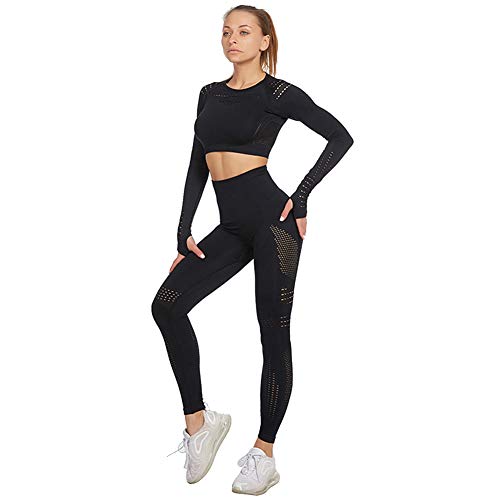 Jamron Mujer Conjunto de Ropa de Yoga Top Corto + Polainas 2 Piezas Chandal Gimnasio Fitness Ropa Deportiva Negro SN05405 M