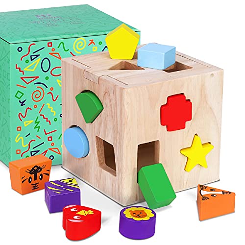 Japace Cubo Actividades Bebe, Juguetes de Madera Montessori con 12 Bloques de Forma Geométrica Rompecabezas Cubos Aprendizaje Temprano Juego Educativo Regalos para Niños Niñas 1 2 3 Años