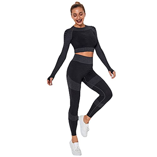 J'asayla Trajes de yoga 2 piezas de entrenamiento conjunto de gimnasio mono correr ropa deportiva chándales fitness manga larga con leggings de cintura alta para mujer, Negro-2, M