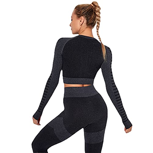 J'asayla Trajes de yoga 2 piezas de entrenamiento conjunto de gimnasio mono correr ropa deportiva chándales fitness manga larga con leggings de cintura alta para mujer, Negro-2, M