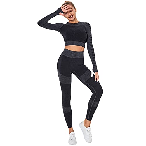 J'asayla Trajes de yoga 2 piezas de entrenamiento conjunto de gimnasio mono correr ropa deportiva chándales fitness manga larga con leggings de cintura alta para mujer, Negro-2, M