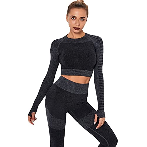 J'asayla Trajes de yoga 2 piezas de entrenamiento conjunto de gimnasio mono correr ropa deportiva chándales fitness manga larga con leggings de cintura alta para mujer, Negro-2, M