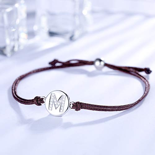 J.Endéar Pulsera Forma de Inicial M, Plata de Ley 925 Circonita Cúbica Pulseras Iniciales, Regalo de Amistad 24cm Trenzado Hecho a Mano Ajustable