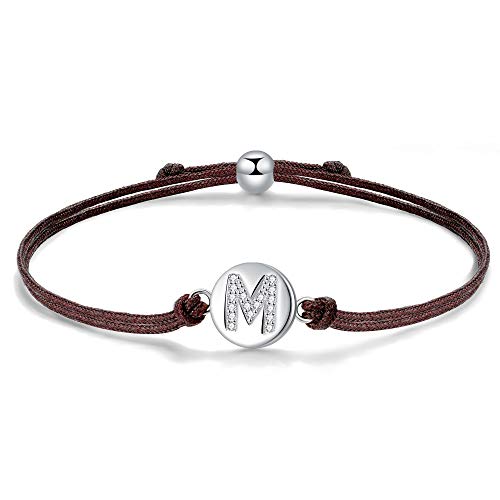 J.Endéar Pulsera Forma de Inicial M, Plata de Ley 925 Circonita Cúbica Pulseras Iniciales, Regalo de Amistad 24cm Trenzado Hecho a Mano Ajustable