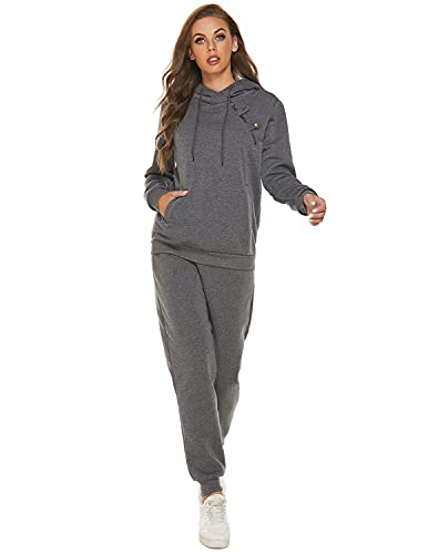 JENJON Conjunto Deporte Mujer Completo 2 piezas Manga Larga Pullover de Casa con Capucha Cremallera + Pantalones Casual de Otoño Invierno Yoga Fitness Gris XXL