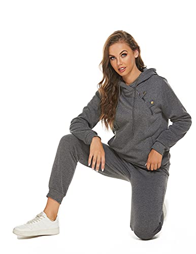 JENJON Conjunto Deporte Mujer Completo 2 piezas Manga Larga Pullover de Casa con Capucha Cremallera + Pantalones Casual de Otoño Invierno Yoga Fitness Gris XXL