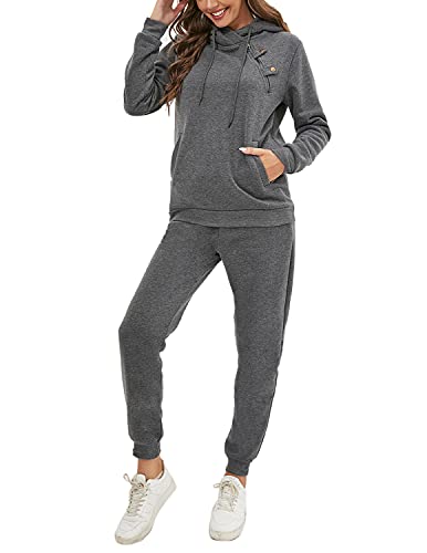 JENJON Conjunto Deporte Mujer Completo 2 piezas Manga Larga Pullover de Casa con Capucha Cremallera + Pantalones Casual de Otoño Invierno Yoga Fitness Gris XXL