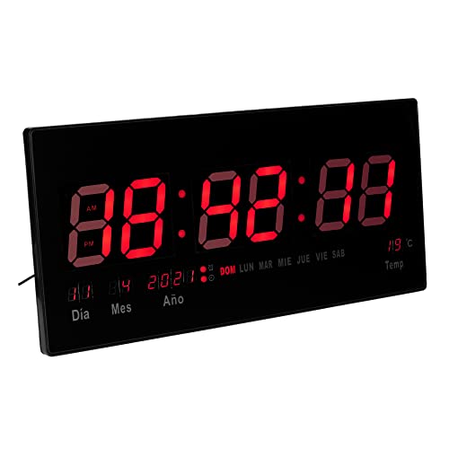 JEVX Reloj Digital de Pared Grande para Colgar, Alarma, Iluminacion en Color Rojo, Calendario, Medidor de Temperatura, Fuente de Alimentacion, Termometro