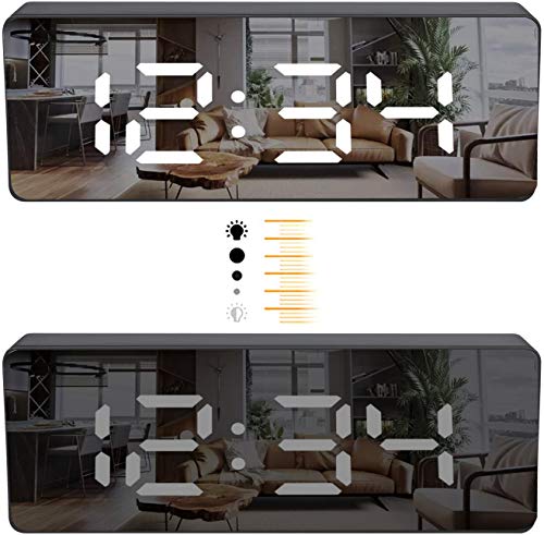 JILM Reloj Despertador Espejo, Pantalla LED Grande Digital de 6.5 " con Fecha/Temperatura/ Ajustable Brillo,Snooze Reloj Digital para Viajes/Dormitorio/Oficina/Cocina, USB y Funciona con Pilas-Negro