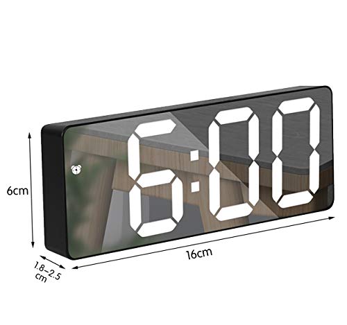 JILM Reloj Despertador Espejo, Pantalla LED Grande Digital de 6.5 " con Fecha/Temperatura/ Ajustable Brillo,Snooze Reloj Digital para Viajes/Dormitorio/Oficina/Cocina, USB y Funciona con Pilas-Negro