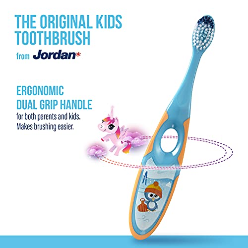 Jordan* | Step 2 | Cepillo de dientes para niños de 3 a 5 años | Cepillo de dientes para niños con cerdas suaves, mango ergonómico doble y sin BPA | Color azul y verde | Pack de 4 unidades