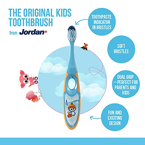 Jordan* | Step 2 | Cepillo de dientes para niños de 3 a 5 años | Cepillo de dientes para niños con cerdas suaves, mango ergonómico doble y sin BPA | Color azul y verde | Pack de 4 unidades