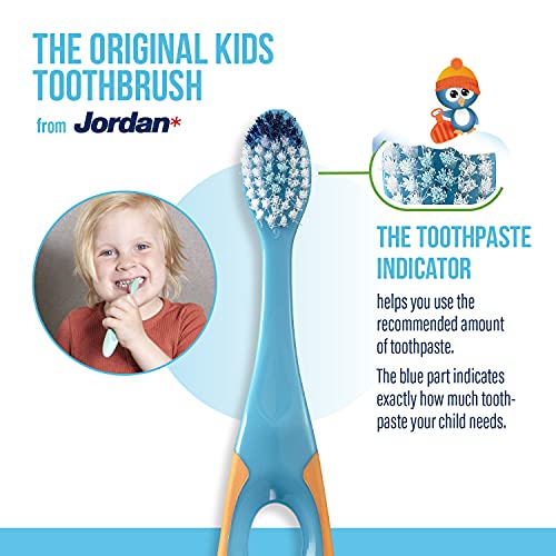 Jordan* | Step 2 | Cepillo de dientes para niños de 3 a 5 años | Cepillo de dientes para niños con cerdas suaves, mango ergonómico doble y sin BPA | Color azul y verde | Pack de 4 unidades