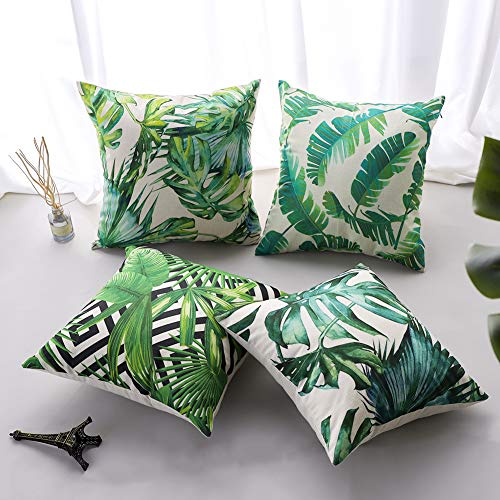 JOTOM Funda de Almohada para Cojín de Lino y Poliéster Decoración para Sofa,Coche,Cama,Silla 45 x 45 cm,Juego de 4 (Planta Tropical A)