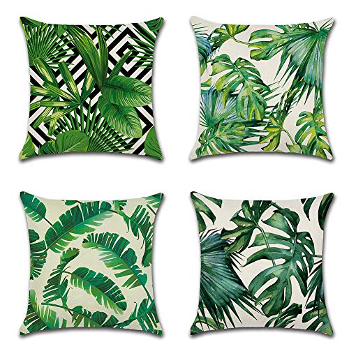 JOTOM Funda de Almohada para Cojín de Lino y Poliéster Decoración para Sofa,Coche,Cama,Silla 45 x 45 cm,Juego de 4 (Planta Tropical A)