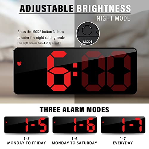 JQGo Reloj Despertador Digital, Pantalla LED Espejo Grande, Alimentado por Batería, Alarma Activada por Sonido, con Pantalla de Fecha y Temperatura Función Despertado, Rojo