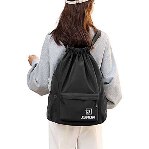 JSNOM Mochila Cuerdas Hombre Bolso Casual： Mochilas de Tela Cuerda Bolsa Gimnasio con Cordón Deporte Talega Saco Playa Para Viajes Deportiva Yoga Grande Gymsack Para Unisex Mujer (Negro)