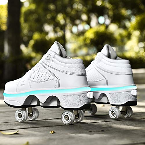 JTKDL Zapatillas con Ruedas, LED Deformación 4 Rueda Patines En Paralelo Zapatos Multiusos 2 En 1 Skate Ligeros Calzado para Niñas Y Niños para Niños Adolescentes Y Adultos,Sliver-EU39/UK5.5