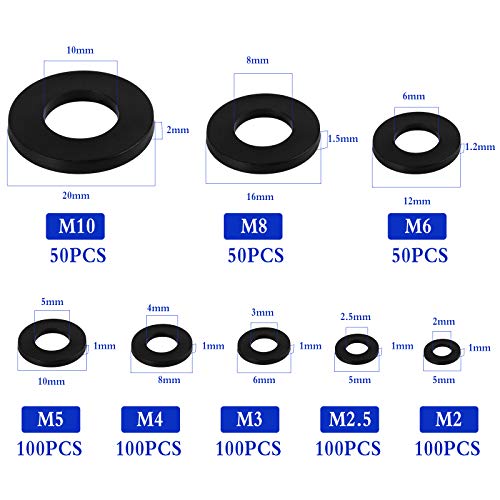 Jubaopen 650PCS Arandelas Sellado Arandela Plana Arandela Plástico Redonda Arandela Plana de Plástico Arandela Nylon Arandela Plana Junta para Maquinaria Automóviles M2 M2.5 M3 M4 M5 M6 M8 M10 (Negro)