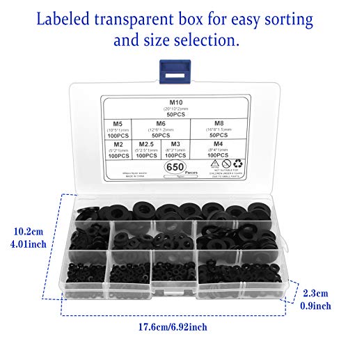 Jubaopen 650PCS Arandelas Sellado Arandela Plana Arandela Plástico Redonda Arandela Plana de Plástico Arandela Nylon Arandela Plana Junta para Maquinaria Automóviles M2 M2.5 M3 M4 M5 M6 M8 M10 (Negro)