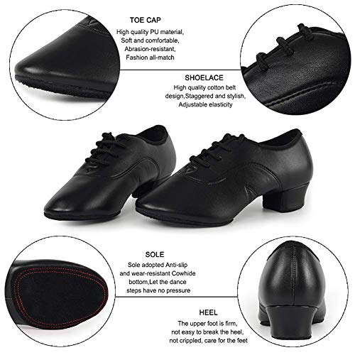 JUODVMP Zapatos Baile Latino Hombre de los de Cuero Lace up estándar Tango latín Jazz Moderno Performance Danza Zapatos,Modelo WLL518-2-2M,Negro-3.5CM Heel-42.5 EU