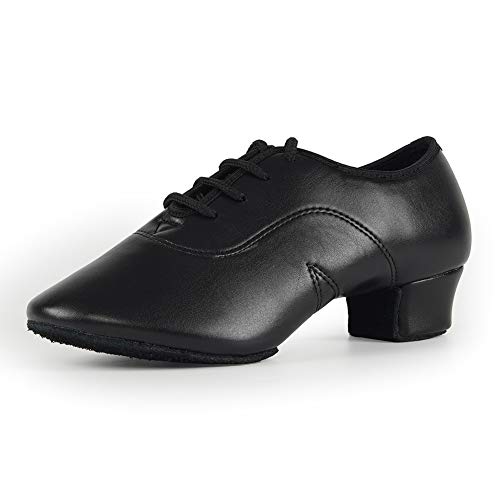 JUODVMP Zapatos Baile Latino Hombre de los de Cuero Lace up estándar Tango latín Jazz Moderno Performance Danza Zapatos,Modelo WLL518-2-2M,Negro-3.5CM Heel-42.5 EU