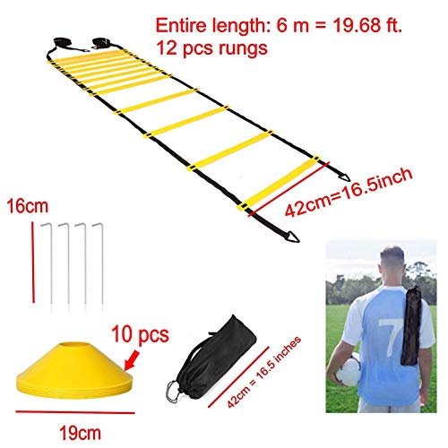 JZK Escalera de velocidad de 6 m y juego de conos y clavijas, escalera deportiva ajustable para ejercicios de agilidad, ejercicio y fitness para niños y adultos, escalera de entrenamiento de fútbol