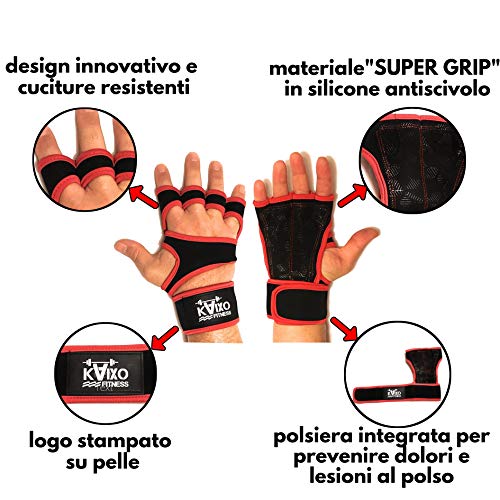 KAIXO FITNESS Guantes de Entrenamiento Gym Crossfit para el Gimnasio. Calleras con muñequera para Levantamiento Pesas, calistenia, Bodybuilding, Gimnasia y Fitness. Hombre y Mujer (Rojo, S)